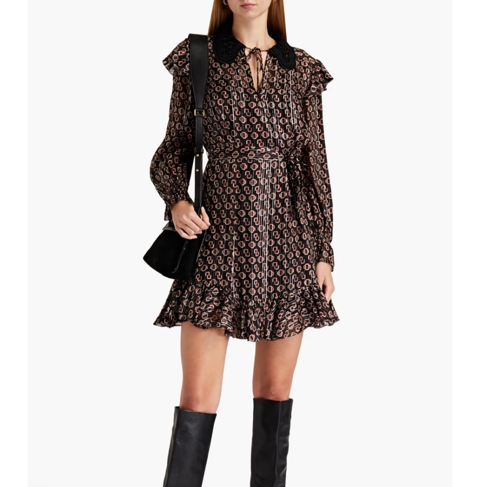 NEW Maje Monogram logo metallic fil coupé silk chiffon collared mini bow dress